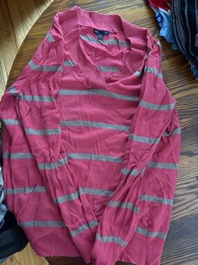 GAP Pink and Gray Striped V-Neck Sweater
